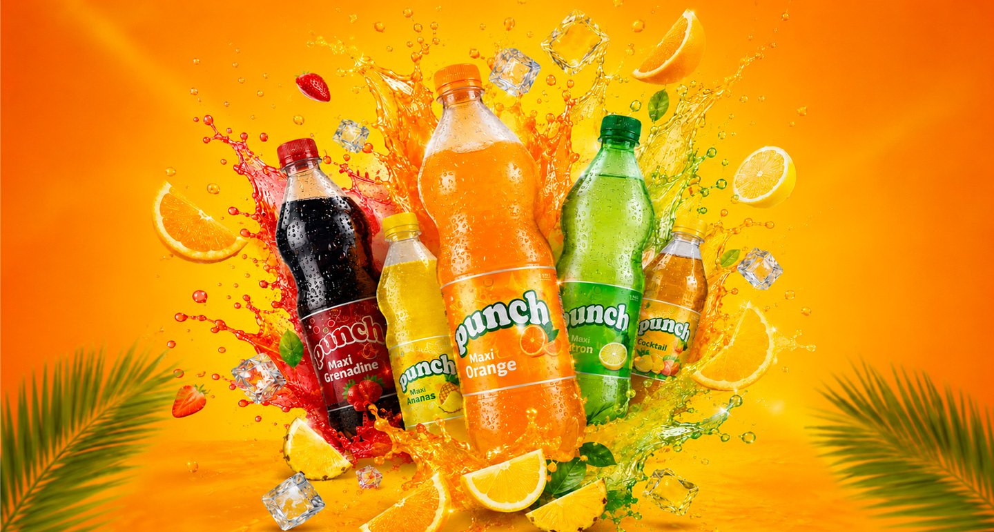 Gamme Punch, bouteilles et éclaboussures de fruits
